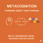 Professional Business English lesson cover image titled “Metacognition – Thinking About Your Thinking,” featuring white icons of a head with a gear, the PLAN→MONITOR→EVALUATE cycle, and Edward de Bono’s Six Thinking Hats on an orange background.