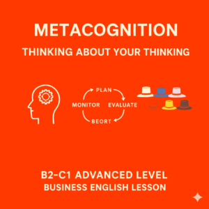 Professional Business English lesson cover image titled “Metacognition – Thinking About Your Thinking,” featuring white icons of a head with a gear, the PLAN→MONITOR→EVALUATE cycle, and Edward de Bono’s Six Thinking Hats on an orange background.