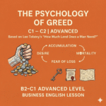 Educational poster illustrating the psychology of greed, based on Tolstoy’s How Much Land Does a Man Need?, with cycle keywords and symbolic illustrations.