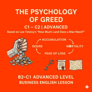 Educational poster illustrating the psychology of greed, based on Tolstoy’s How Much Land Does a Man Need?, with cycle keywords and symbolic illustrations.