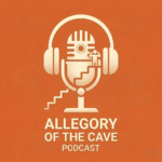 Stylized logo of the “Allegory of the Cave Podcast” featuring a microphone, headphones, and a staircase leading to a figure facing the sun on an orange background.