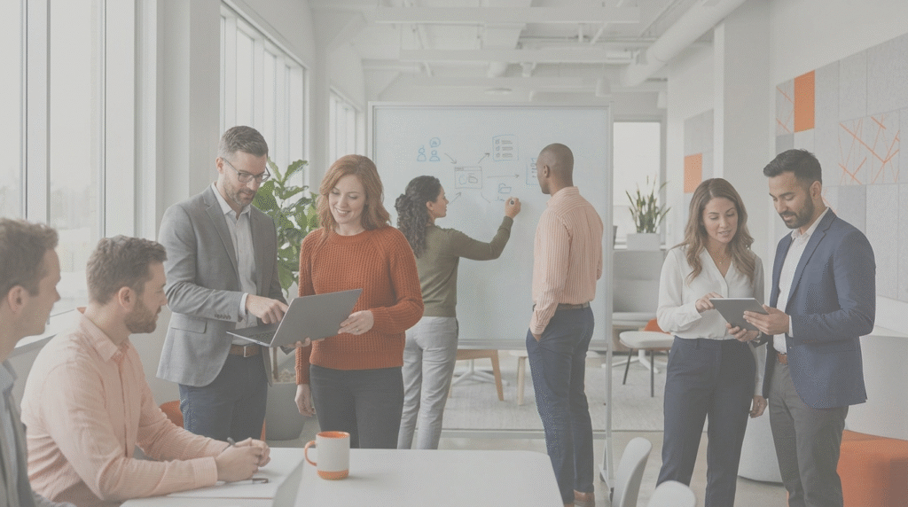 'A diverse group in a collaborative session addressing online learning FAQ