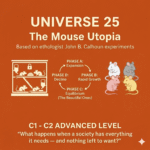 A detailed educational infographic explaining John B. Calhoun's famous Universe 25 mouse utopia experiment, featuring a growth cycle diagram and illustrative mouse cartoons.