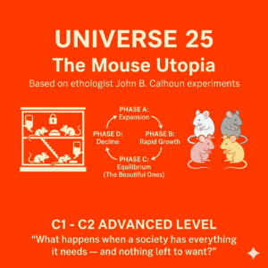 A detailed educational infographic explaining John B. Calhoun's famous Universe 25 mouse utopia experiment, featuring a growth cycle diagram and illustrative mouse cartoons.