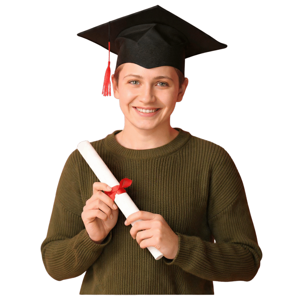 Determined young student holding a diploma, motivated to learn English.