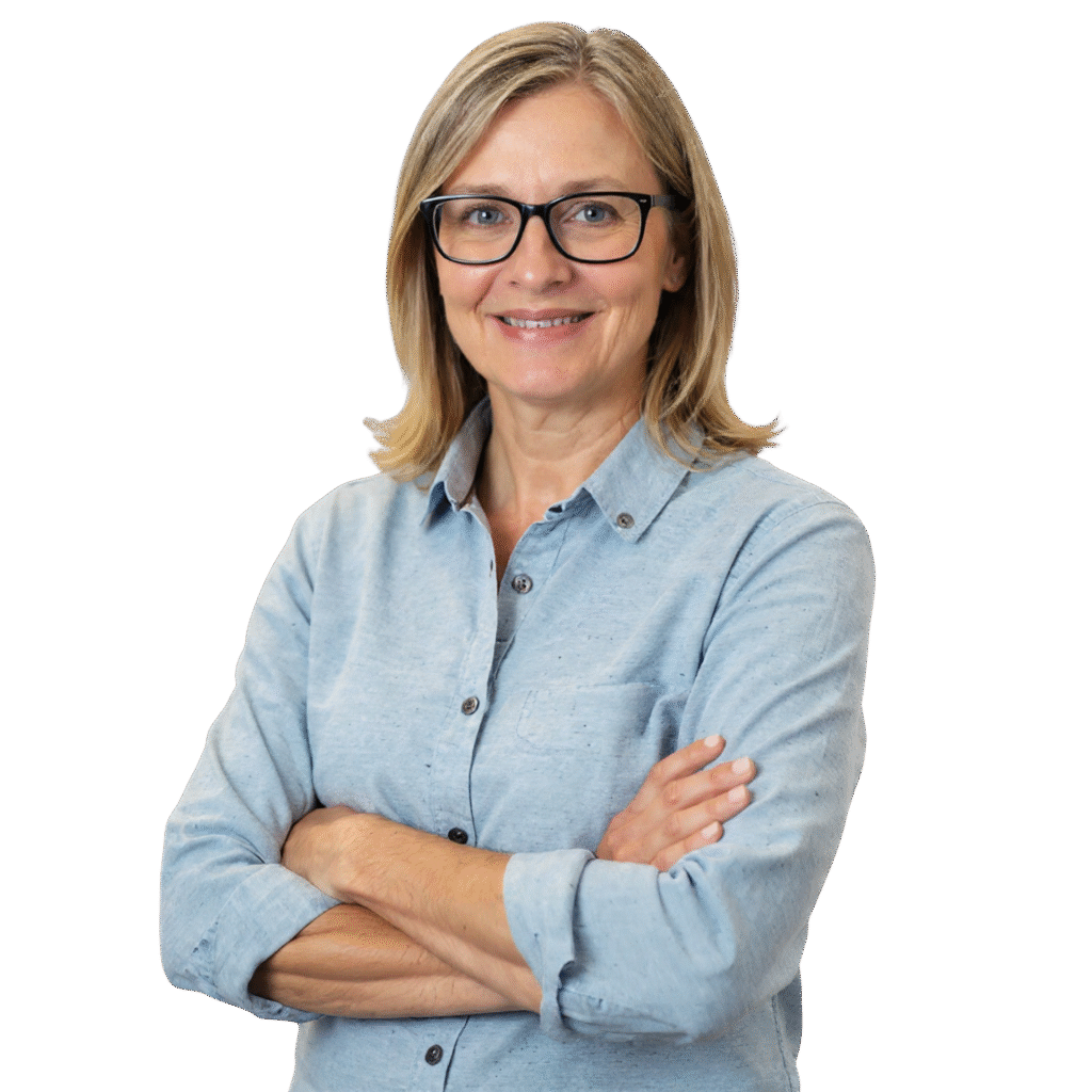 Blonde woman encouraging online English learning.