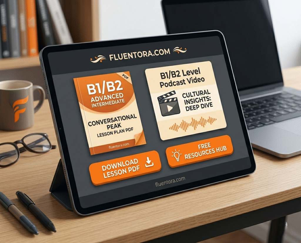 Tablet na biurku wyświetlający darmowe materiały do nauki angielskiego na poziomie B1 i B2 od Fluentora, w tym plan lekcji PDF oraz podcast wideo.