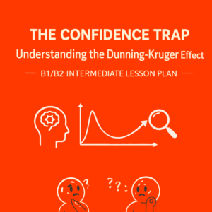 Illustration showing the Dunning‑Kruger Effect graph with orange characters representing confidence and knowledge levels for the ESL lesson “The Confidence Trap: Understanding the Dunning‑Kruger Effect – B1/B2 Intermediate Lesson Plan.”