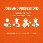 An orange ESL lesson plan cover titled Jobs and Professions for beginner A2 to B1 English students, featuring white icons of a doctor, a chef, a firefighter, and a police officer.