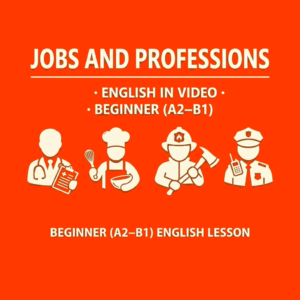 An orange ESL lesson plan cover titled Jobs and Professions for beginner A2 to B1 English students, featuring white icons of a doctor, a chef, a firefighter, and a police officer.
