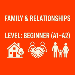 Flat vector style lesson plan thumbnail on a solid orange background featuring the text "Main Topic: Family & Relationships" and "Level: Beginner (A1-A2)" alongside cream-colored minimalist icons of a house, a handshake, and a family holding hands.