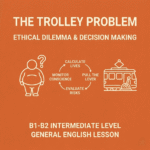 An educational graphic for a B1-B2 intermediate English lesson on the Trolley Problem. The image has a solid orange background with white text and line drawings. On the left is an outline of a person with a question mark. In the center, a decision cycle shows the steps: Calculate Lives, Pull the Lever, Evaluate Risks, and Monitor Conscience. On the right is a line icon of a trolley and a track switch lever. The top text reads 'The Trolley Problem: Ethical Dilemma & Decision Making' and the bottom text reads 'B1-B2 Intermediate Level General English Lesson'.