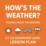 How's the Weather? A1-A2 Beginner English Lesson Plan thumbnail featuring sun, rain cloud, rainbow and umbrella icons on orange background