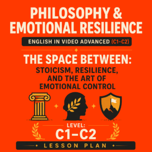 Thumbnail for an advanced C1-C2 English lesson on Stoicism, emotional resilience, and emotional control featuring minimalist Stoic symbols on an orange background.