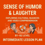 A square educational website thumbnail for an intermediate B1-B2 level ESL lesson plan titled Sense of Humor and Laughter. The design features a vibrant vivid orange background with clean, professional vector illustrations of an adult man and woman in smart-casual business attire looking thoughtfully at a geometric orange-and-charcoal globe symbol between them.