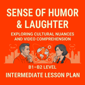 A square educational website thumbnail for an intermediate B1-B2 level ESL lesson plan titled Sense of Humor and Laughter. The design features a vibrant vivid orange background with clean, professional vector illustrations of an adult man and woman in smart-casual business attire looking thoughtfully at a geometric orange-and-charcoal globe symbol between them.