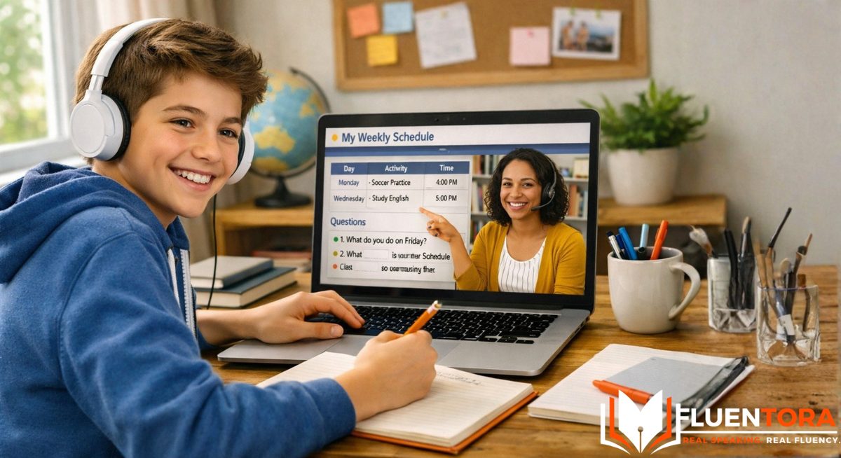 Uśmiechnięty nastolatek podczas lekcji angielskiego online łączącej strukturę kursu z indywidualnym podejściem nauczyciela