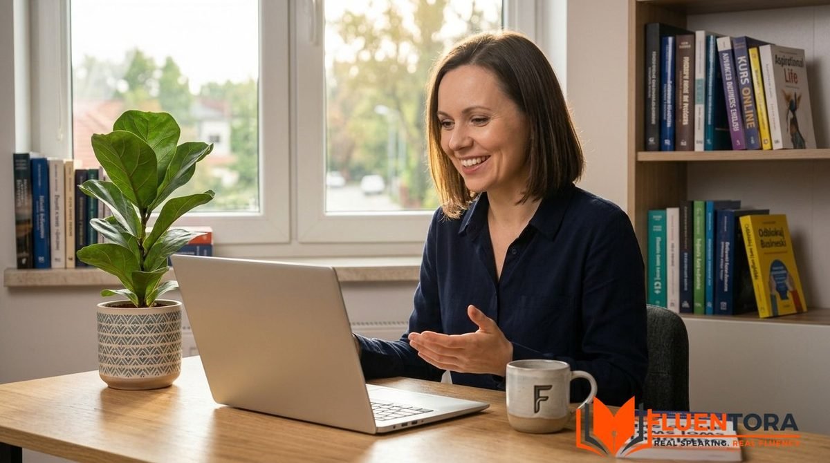 Kobieta swobodnie rozmawia po angielsku podczas lekcji online dla dorosłych, uśmiechnięta i pewna siebie