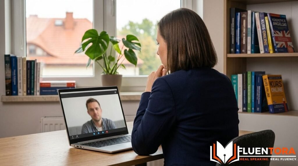 Strach przed mówieniem po angielsku – kobieta waha się przed odpowiedzią podczas rozmowy wideo przy laptopie